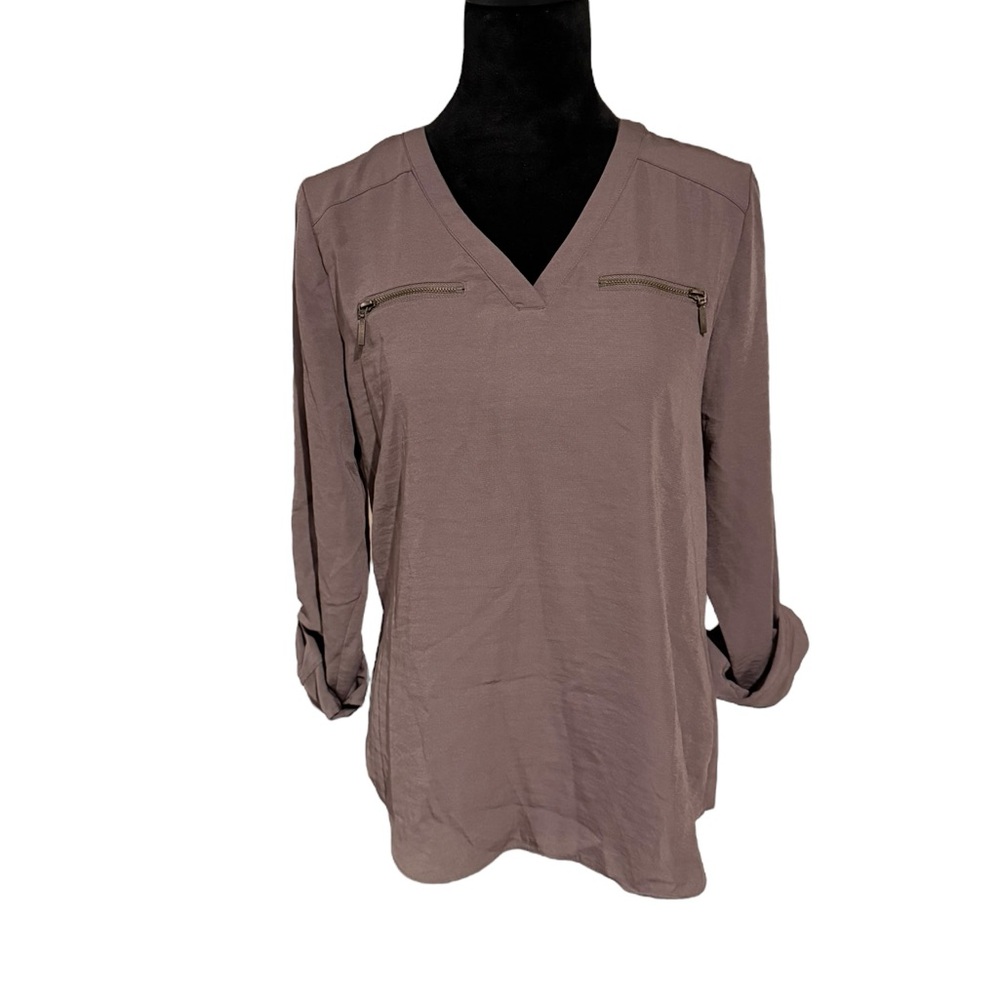 Maurices Mauve V-Neck Blouse with Zipper Accents